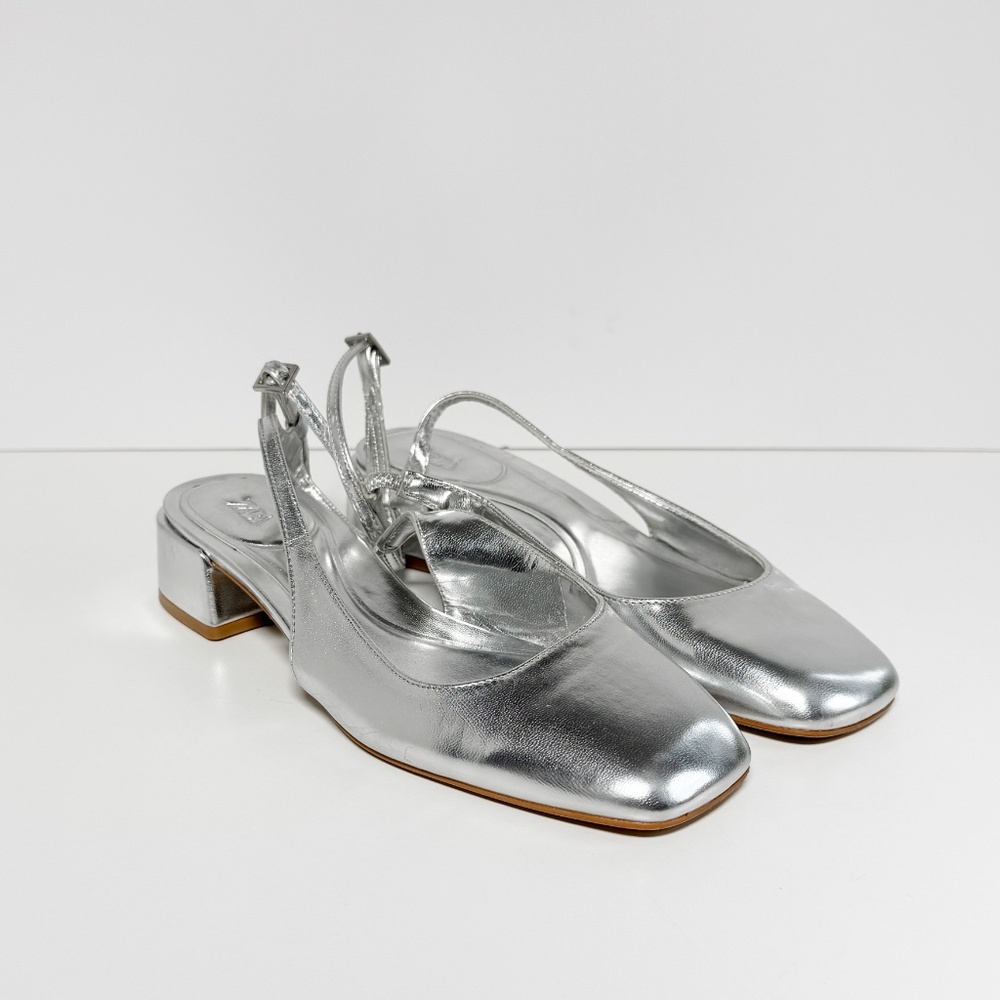 ZARA block heel ankle strap shoes in SILVER  sz 7 US/ 37 UK
